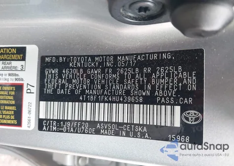 2017 Toyota Camry Se from USA, damaged, VIN 4T1BF1FK4HU439658
